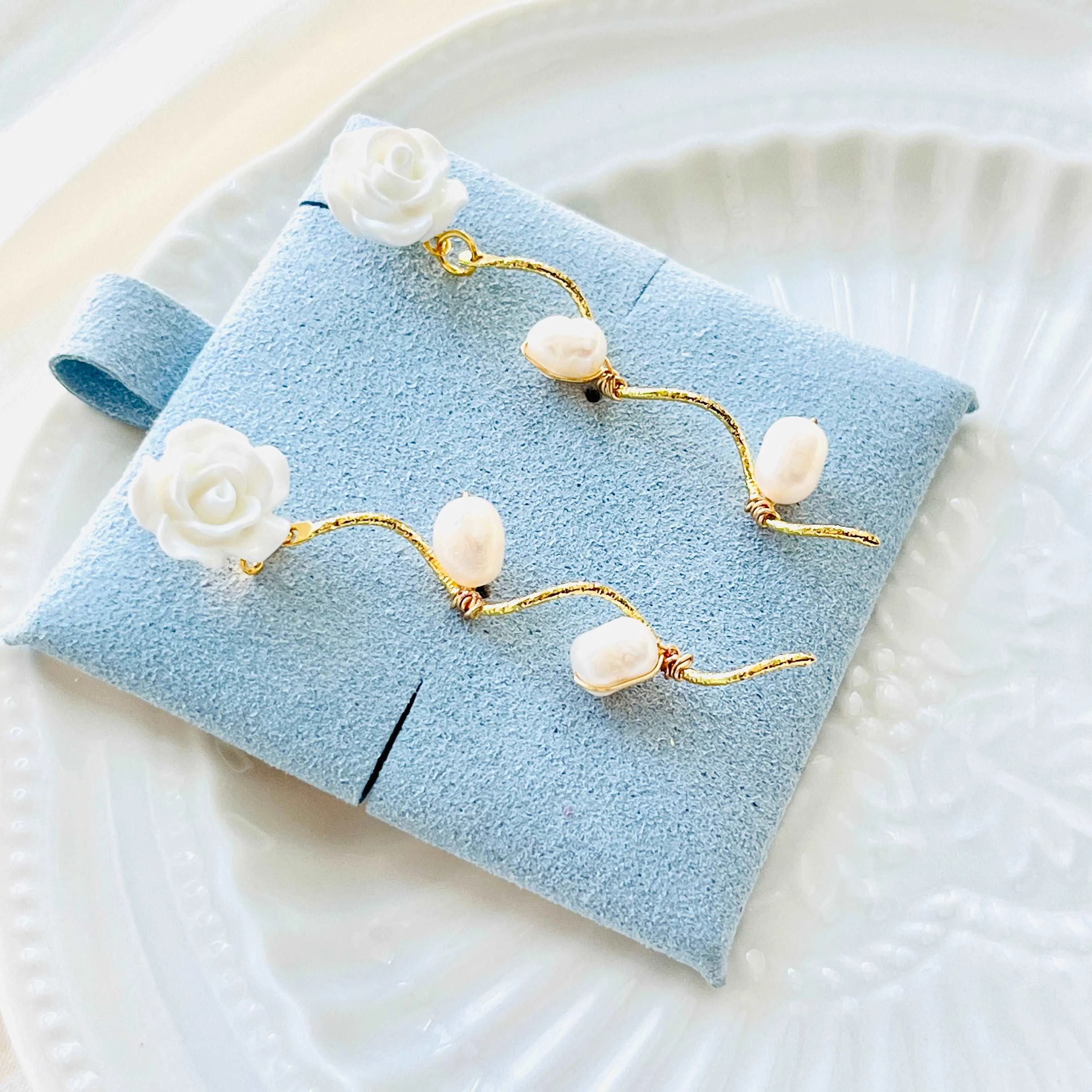White Rose Pearl Earrings