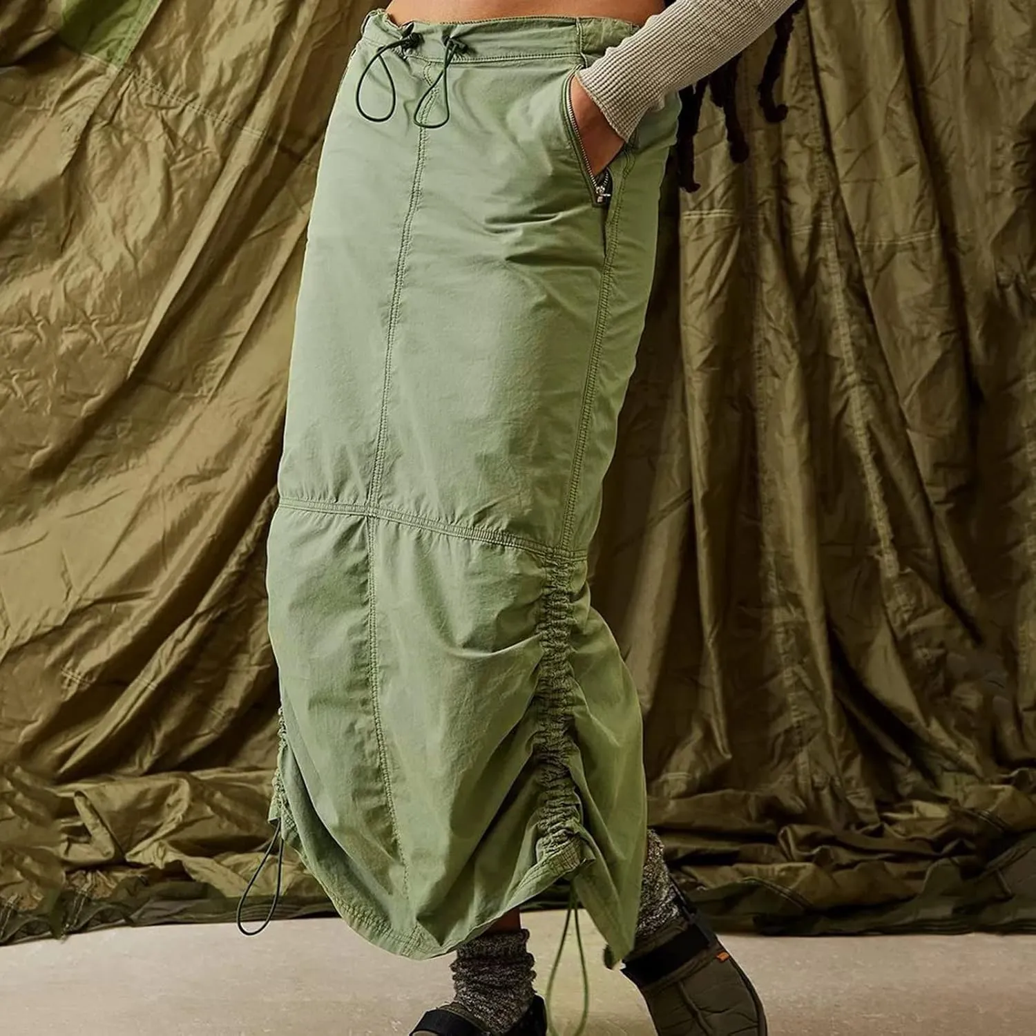 Womens Cargo Skirt Jean Side Drawstring Adjustable Casual A-Line Midi Long Denim Skirt Vacation Outfits A Line