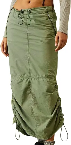 Womens Cargo Skirt Jean Side Drawstring Adjustable Casual A-Line Midi Long Denim Skirt Vacation Outfits A Line
