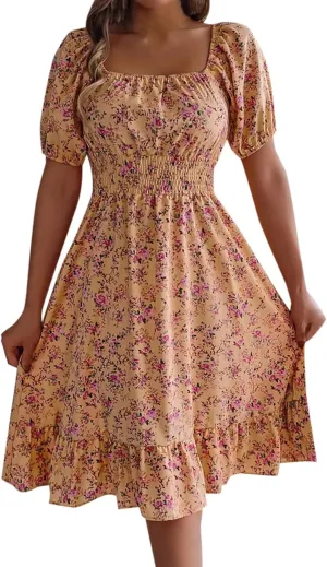Womens Casual Summer Dresses Short Sleeve Square Neck Smocked Boho Floral Sundress Flowy A-Line Mini Dress
