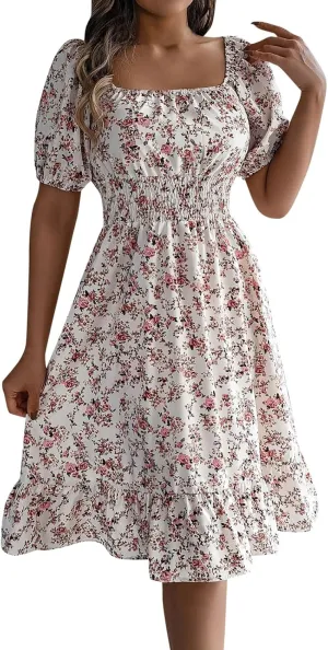 Womens Casual Summer Dresses Short Sleeve Square Neck Smocked Boho Floral Sundress Flowy A-Line Mini Dress