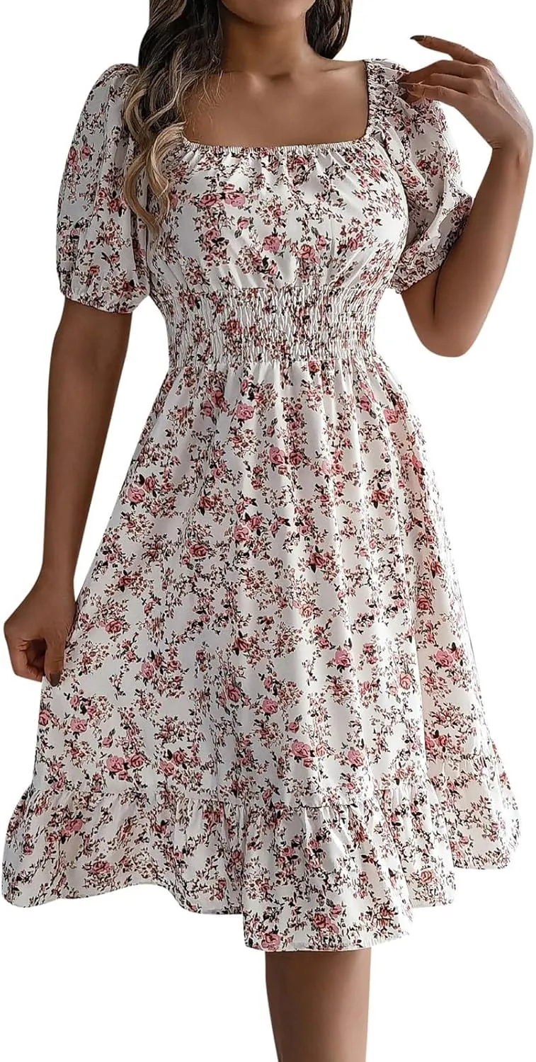 Womens Casual Summer Dresses Short Sleeve Square Neck Smocked Boho Floral Sundress Flowy A-Line Mini Dress