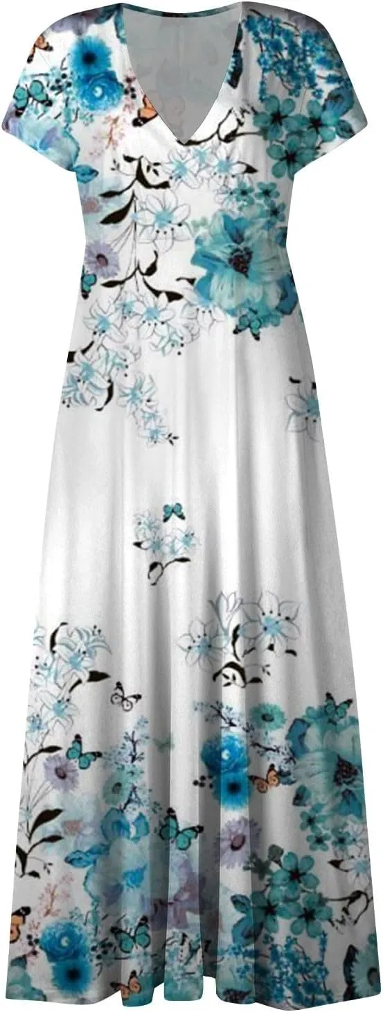 Womens Dresses Floral Print Flowy Long Dresses Cap Sleeve Wrap V Neck Sundresses Elegant Swing Beach Dress