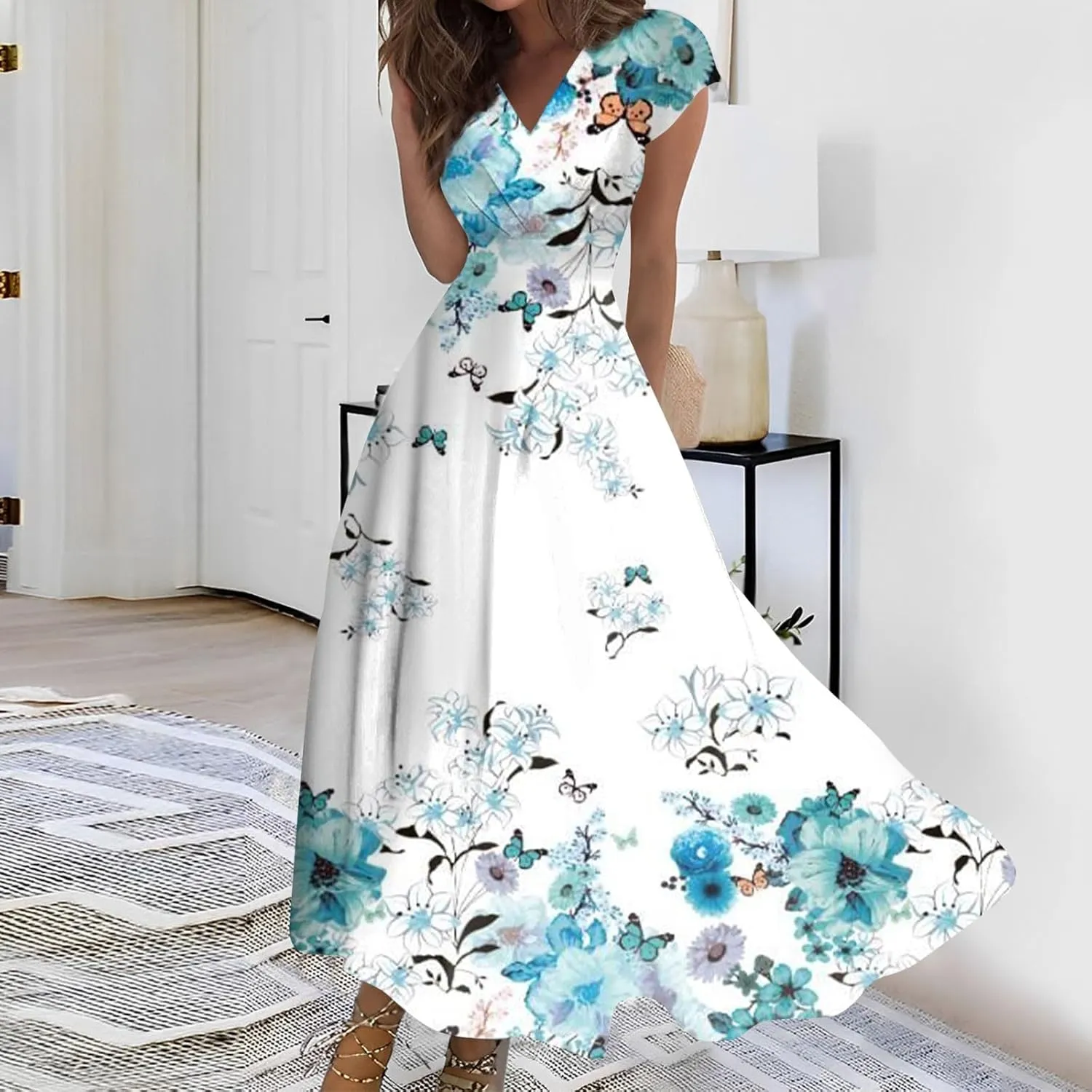 Womens Dresses Floral Print Flowy Long Dresses Cap Sleeve Wrap V Neck Sundresses Elegant Swing Beach Dress