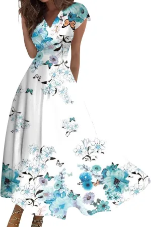 Womens Dresses Floral Print Flowy Long Dresses Cap Sleeve Wrap V Neck Sundresses Elegant Swing Beach Dress