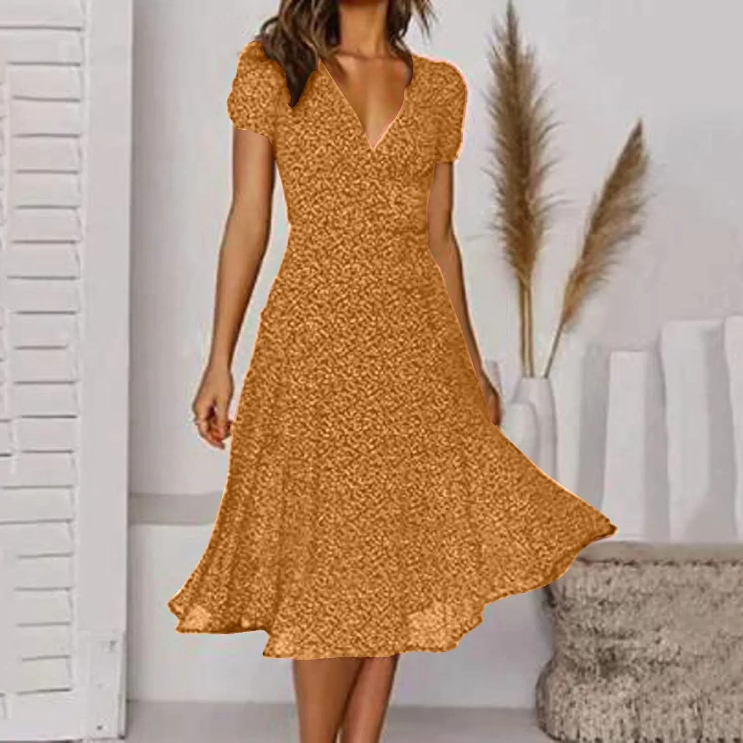 Women's Floral Wrap V-Neck Midi Dress Short Sleeve Boho Summer Beach Long Dress High Low Hem Smocked Dress Women