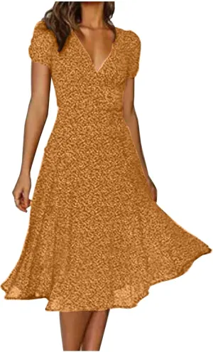 Women's Floral Wrap V-Neck Midi Dress Short Sleeve Boho Summer Beach Long Dress High Low Hem Smocked Dress Women