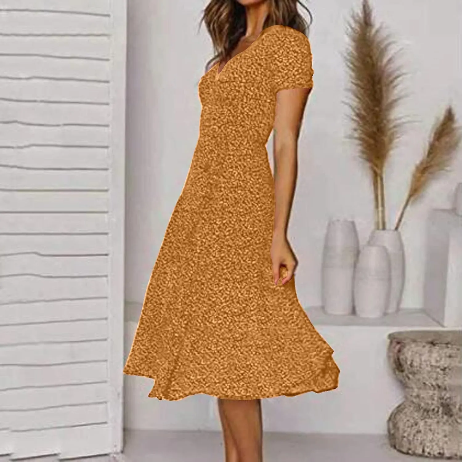 Women's Floral Wrap V-Neck Midi Dress Short Sleeve Boho Summer Beach Long Dress High Low Hem Smocked Dress Women