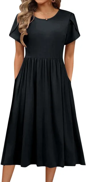 Womens Mini Dress Crewneck Short Sleeve T-Shirt Dresses Summer Casual Tunic Pleated Aline Swing Dress with Pockets