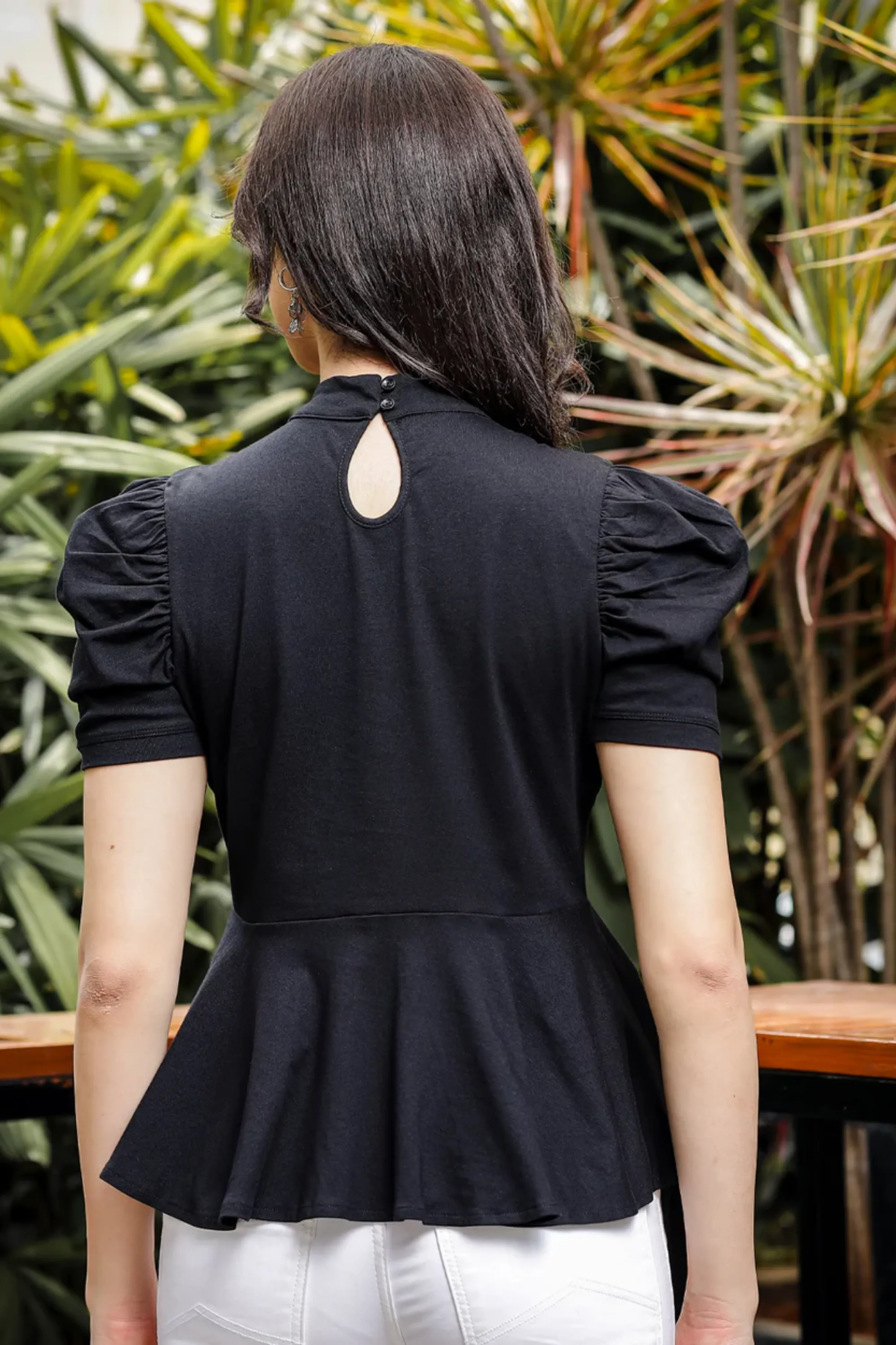 Womens Puff Sleeve Black Peplum Top