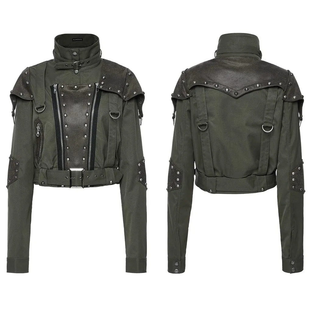 Women's Punk Military Stand Collar Faux Leather Splice Jacket