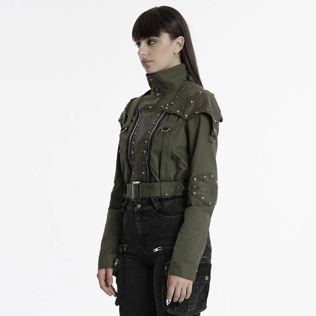 Women's Punk Military Stand Collar Faux Leather Splice Jacket