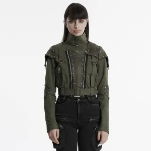 Women's Punk Military Stand Collar Faux Leather Splice Jacket