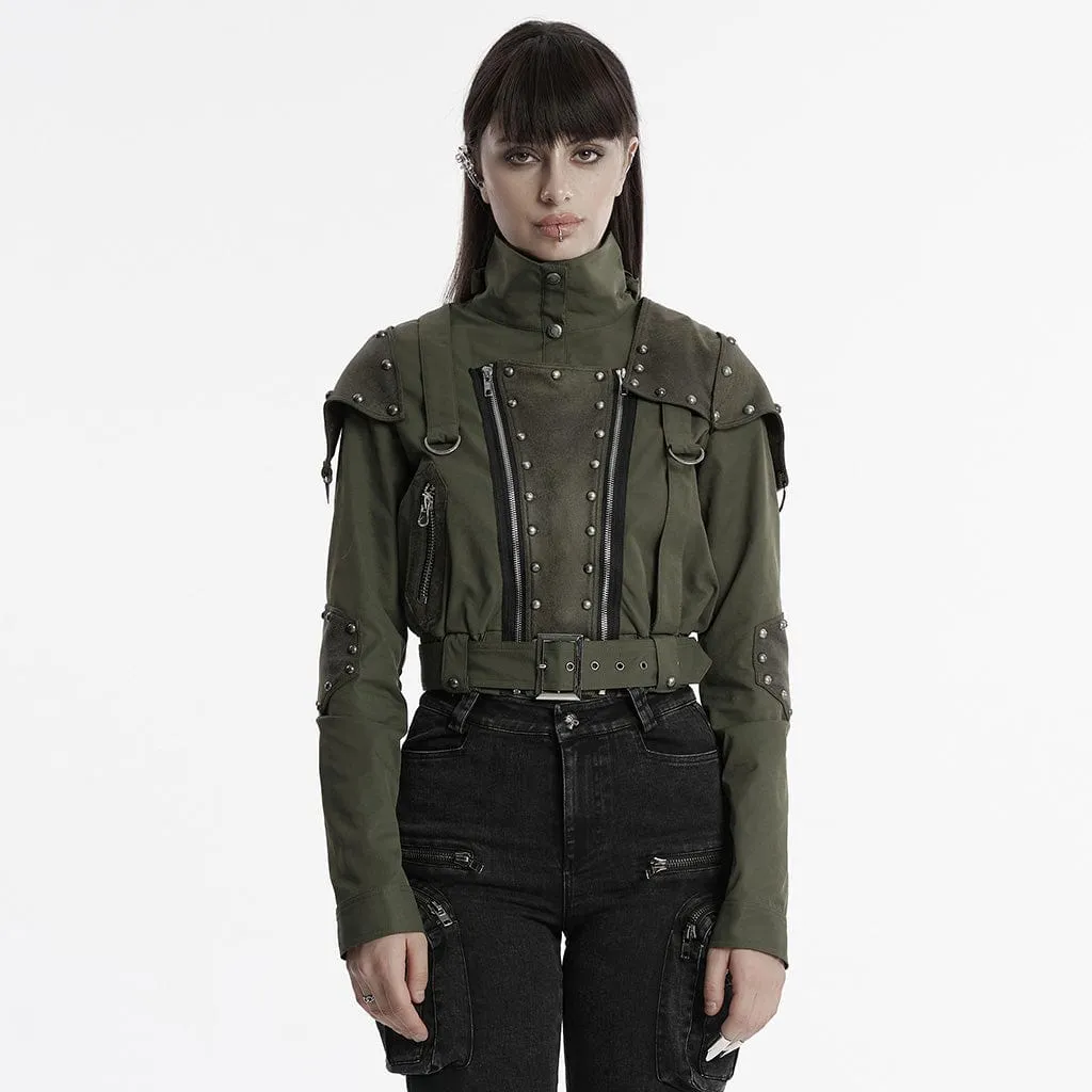 Women's Punk Military Stand Collar Faux Leather Splice Jacket