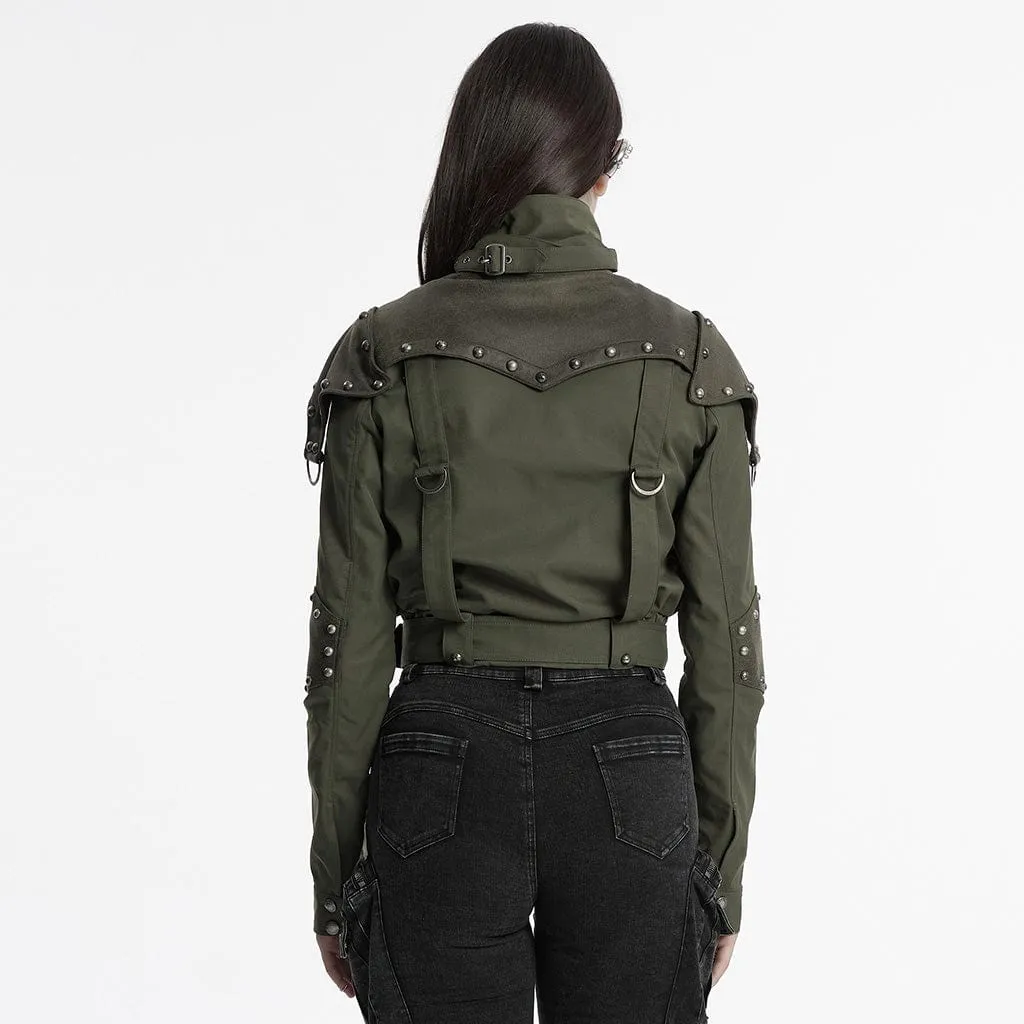 Women's Punk Military Stand Collar Faux Leather Splice Jacket
