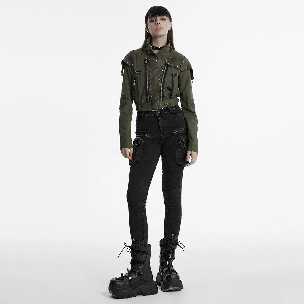 Women's Punk Military Stand Collar Faux Leather Splice Jacket