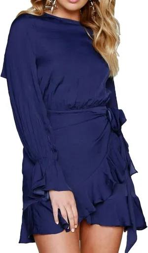 Women's Sexy Round Neck Ruffle Long Sleeve Tie Waist Wrap Dresses Party Dress Casual A Line Swing Mini Wrap Dress
