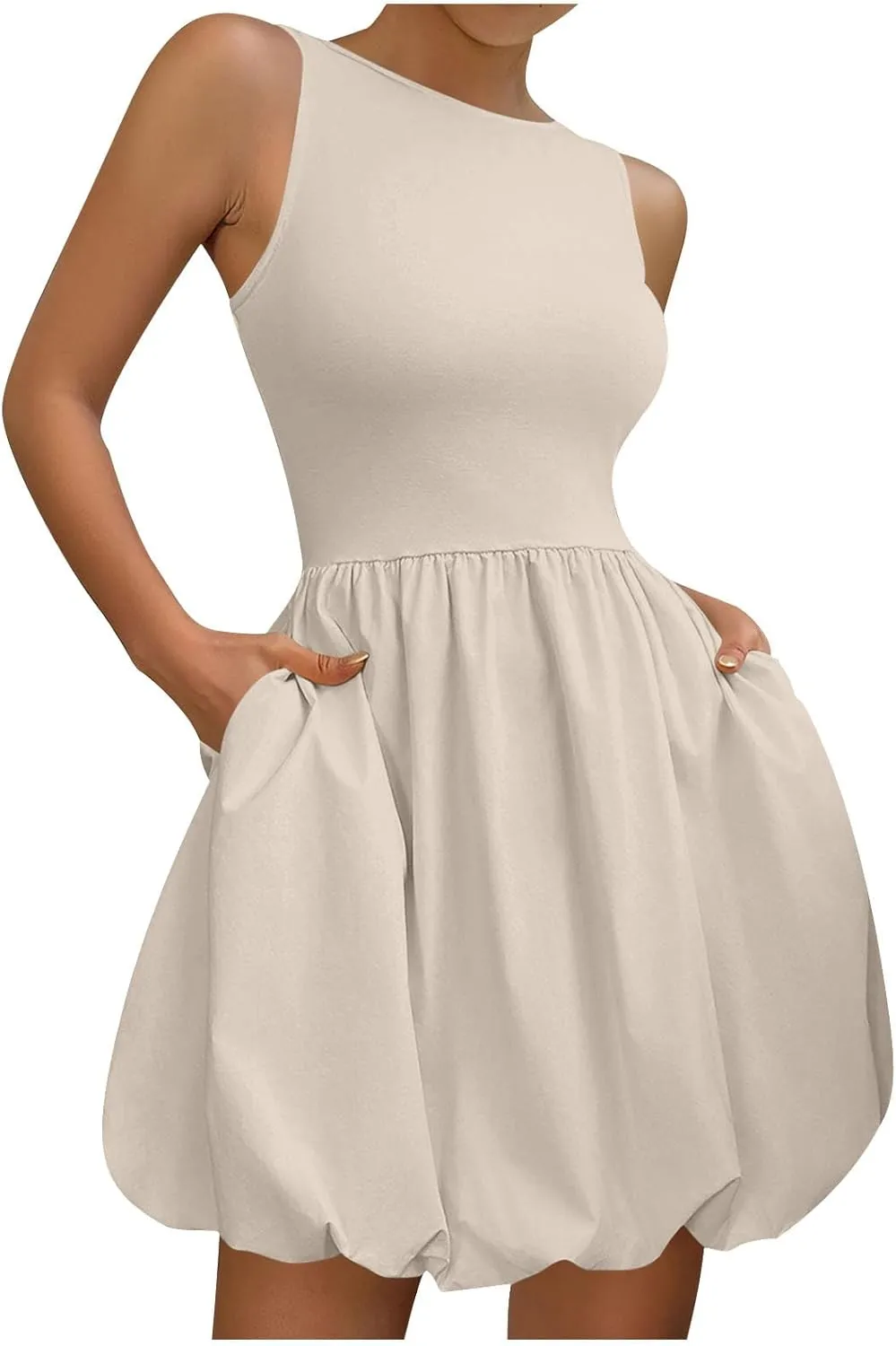 Women's Summer Casual Sleeveless Midi Sundress Scoop Neck Tank Dress Solid Flowy A Line Swing Wrap Tunic Dresses