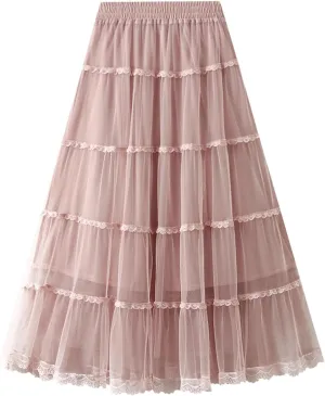 Womens Tulle Midi Skirt Dance Party A Line Elastic High Waisted Lace Skirt Mesh Puffy Long Maxi Skirt Holiday Skirts