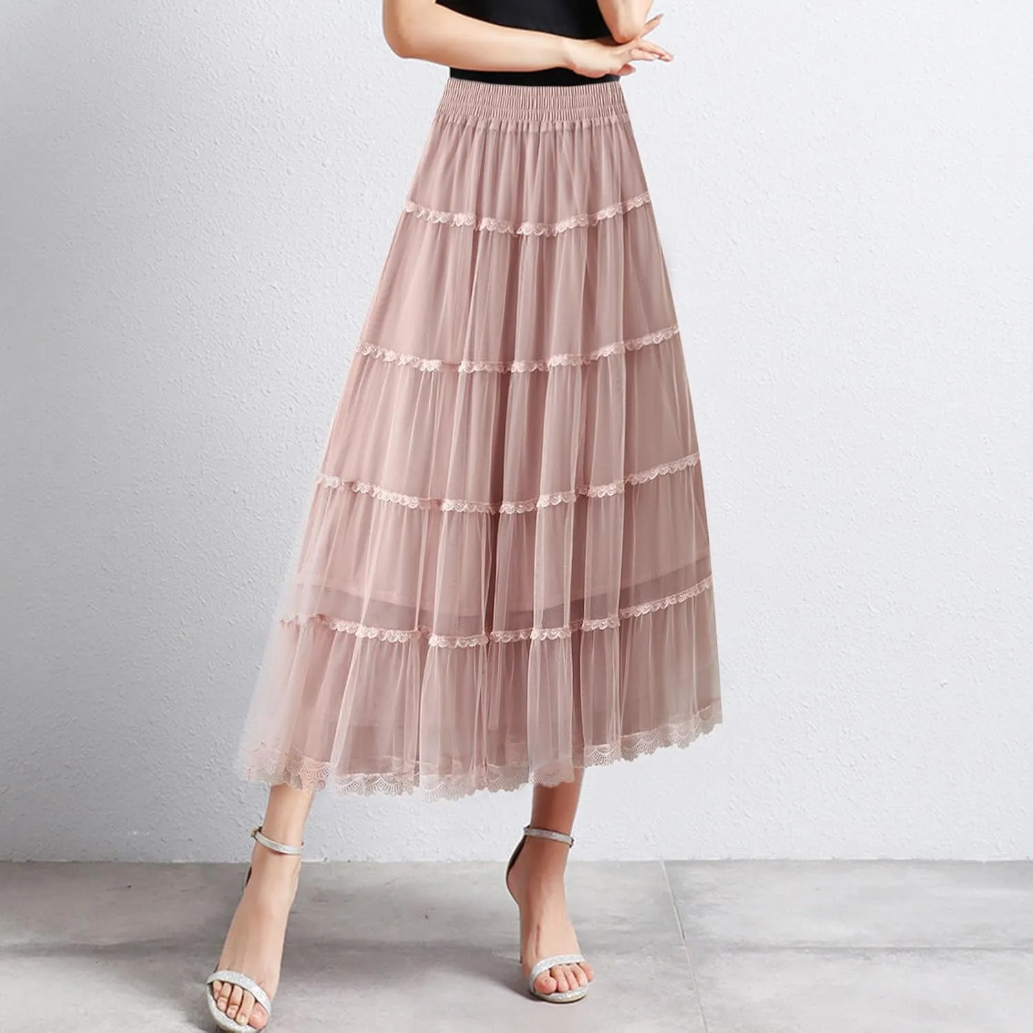 Womens Tulle Midi Skirt Dance Party A Line Elastic High Waisted Lace Skirt Mesh Puffy Long Maxi Skirt Holiday Skirts
