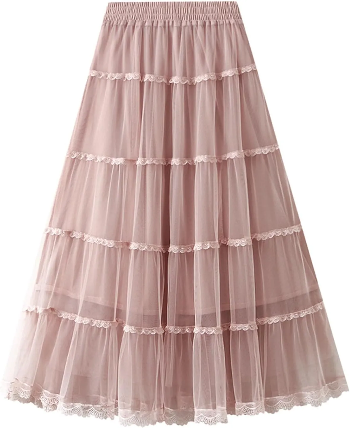 Womens Tulle Midi Skirt Dance Party A Line Elastic High Waisted Lace Skirt Mesh Puffy Long Maxi Skirt Holiday Skirts