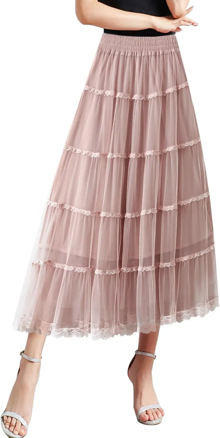 Womens Tulle Midi Skirt Dance Party A Line Elastic High Waisted Lace Skirt Mesh Puffy Long Maxi Skirt Holiday Skirts